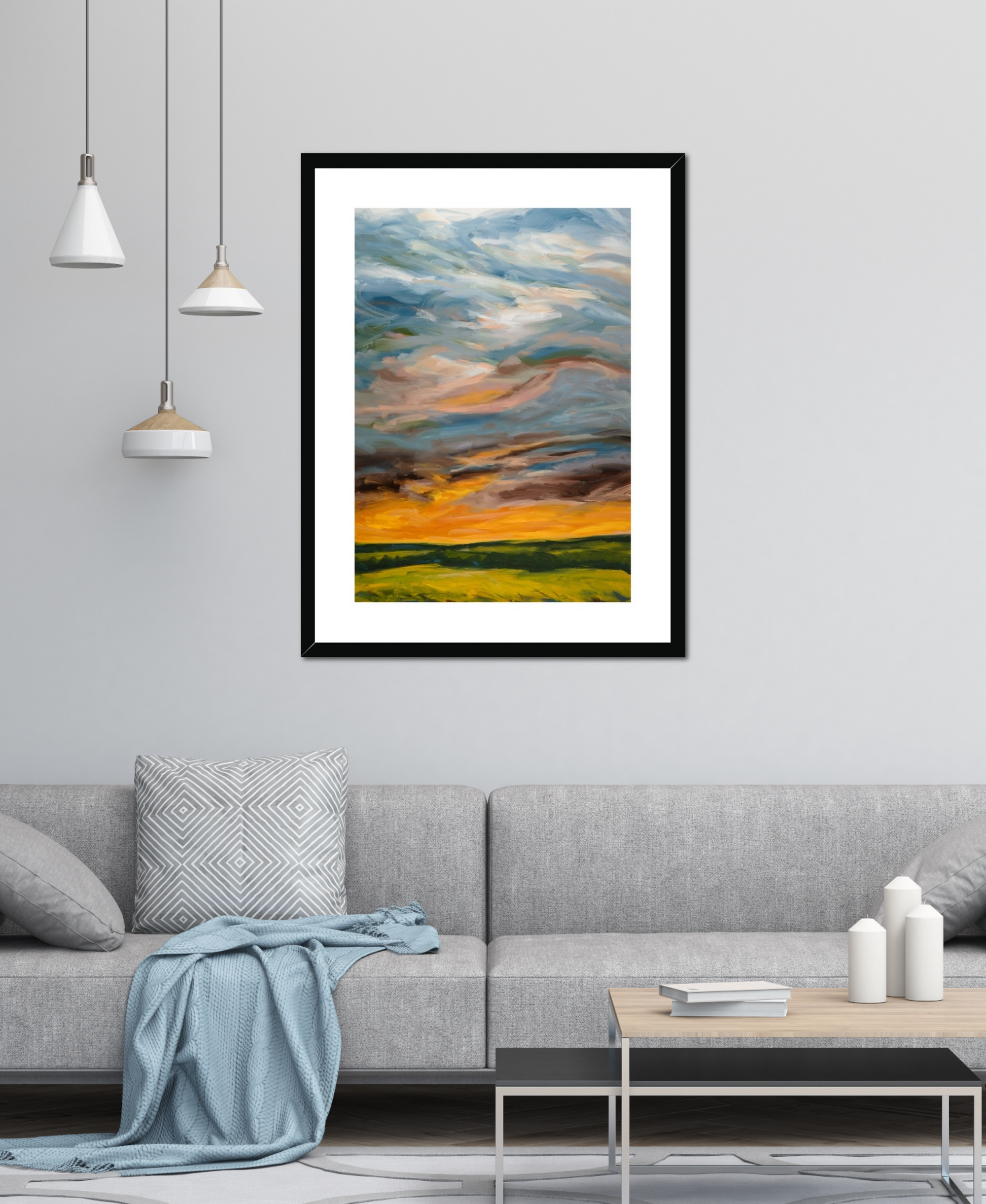 Framed abstract painting on a wall above a sofa in a living room