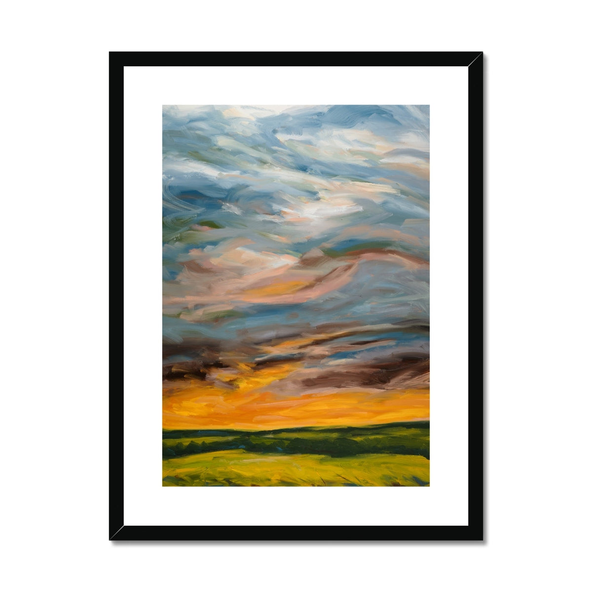 Framed abstract painting of a landscape with colorful skies and green fields.