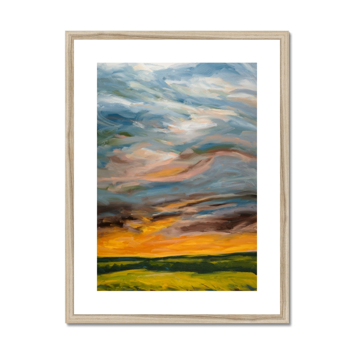 Framed abstract painting of a landscape with colorful skies and green fields.