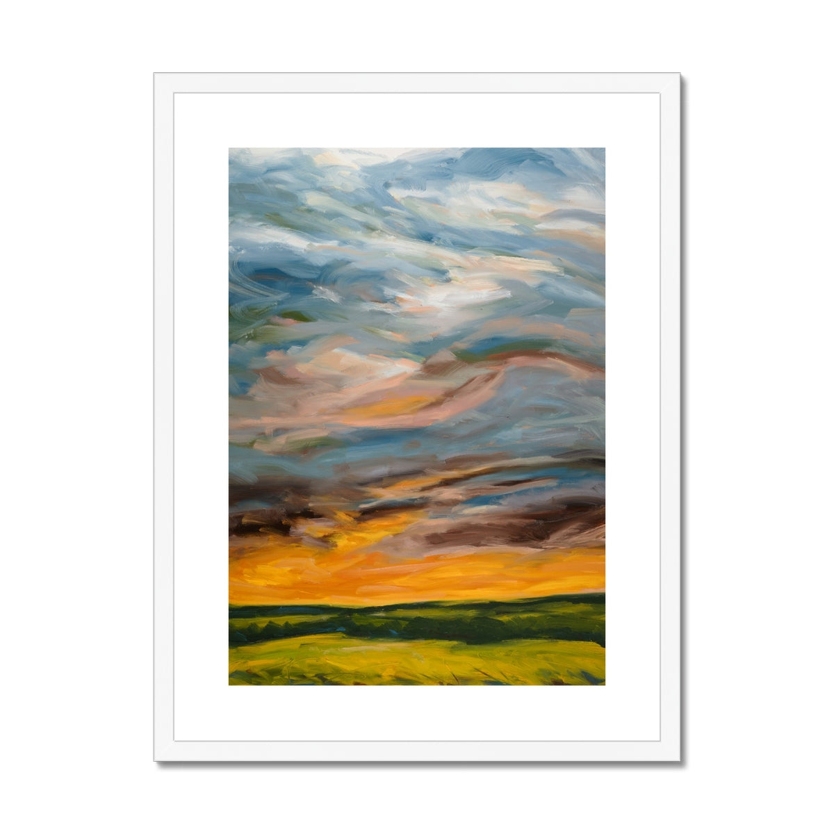 Framed abstract painting of a colorful sky with green fields below on a white background