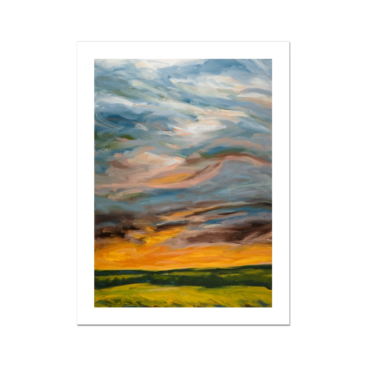 Abstract painting of a landscape with a colorful sky and green fields.