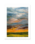 Abstract painting of a landscape with a colorful sky and green fields.