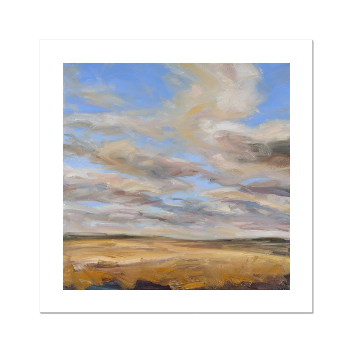 Painting of a landscape with a blue sky and yellow field.