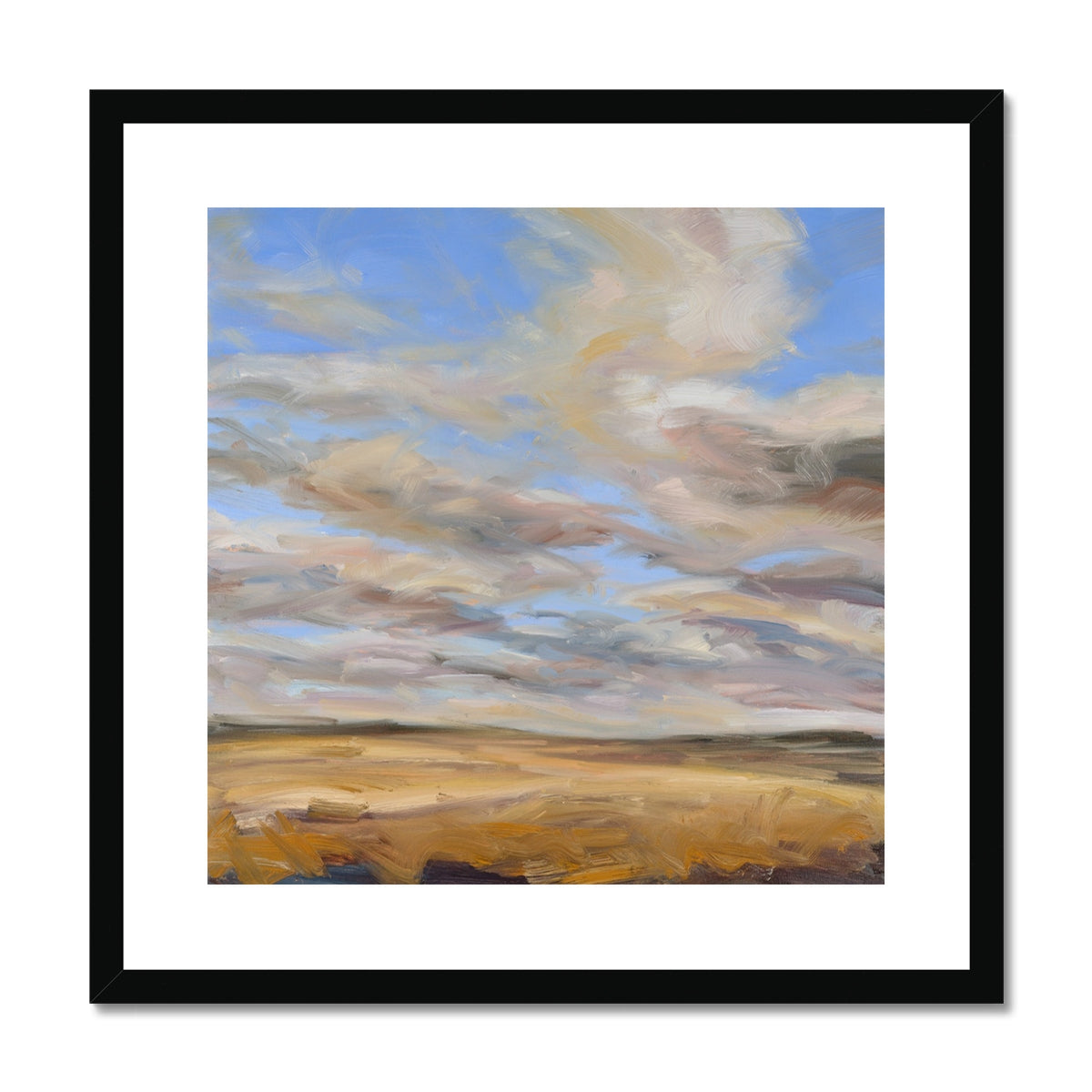 Framed painting of a landscape with clouds and fields.