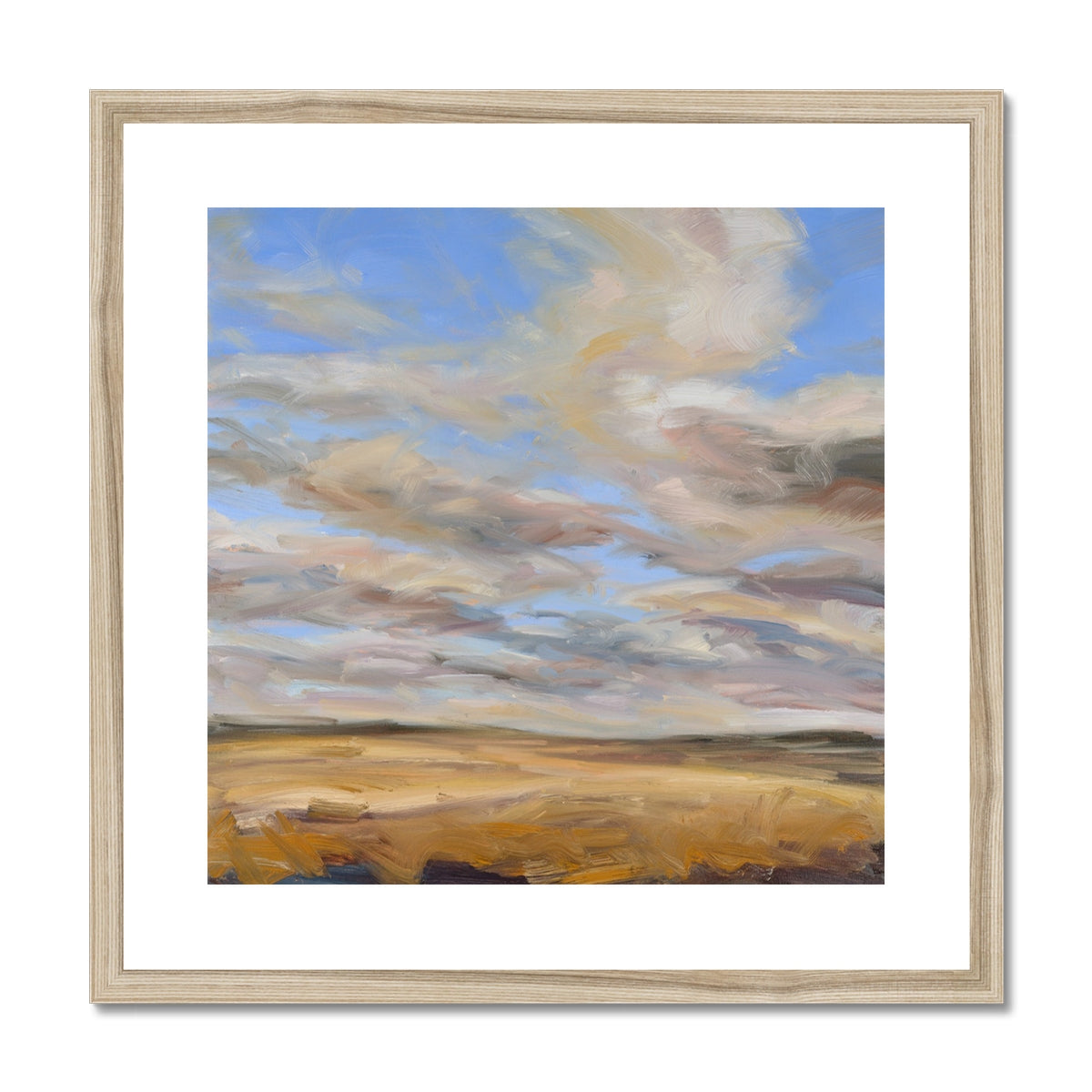 Framed painting of a landscape with a blue sky and yellow field.