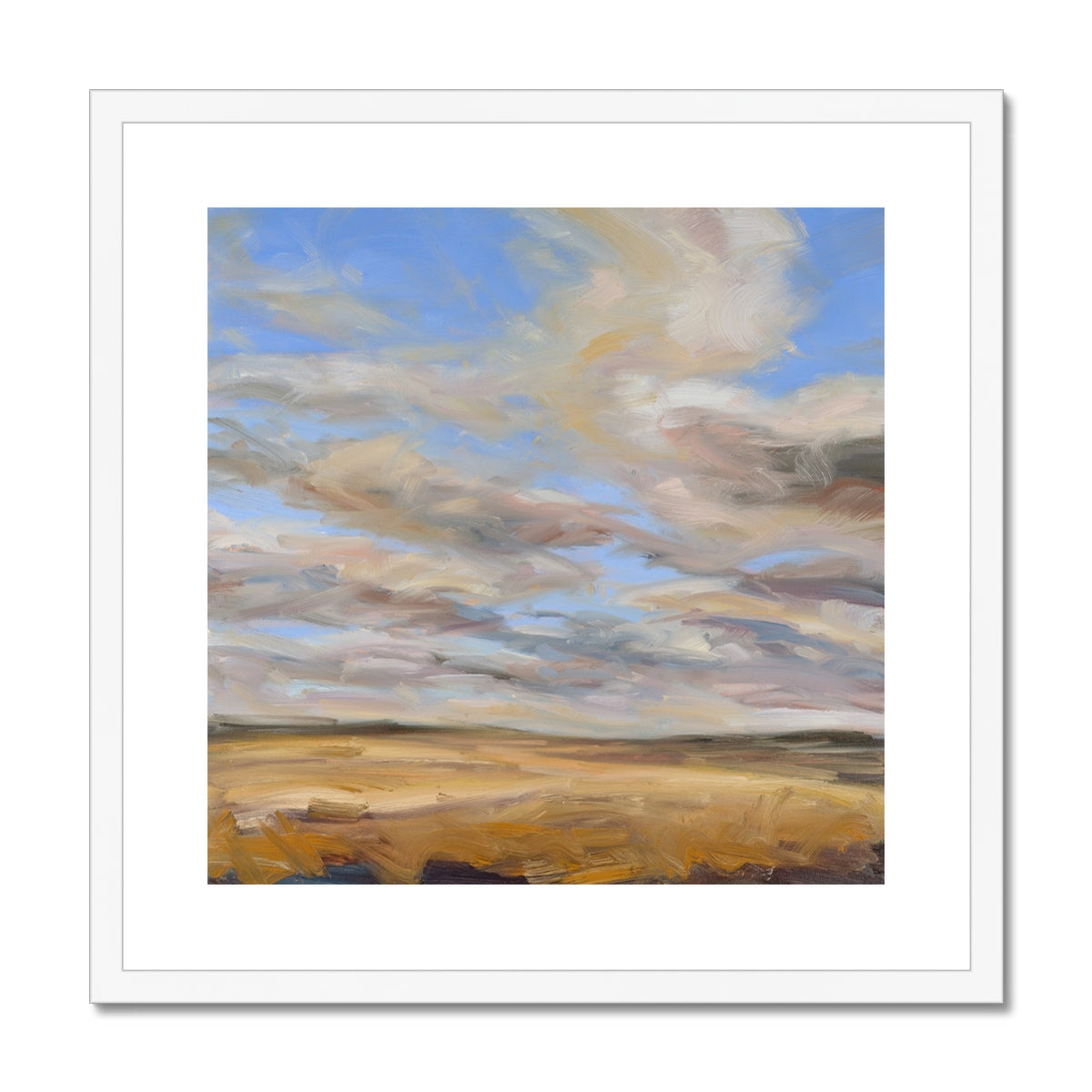 Framed painting of a landscape with a blue sky and yellow field.