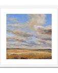 Framed painting of a landscape with a blue sky and yellow field.