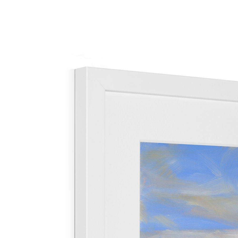 Close-up of a white frame with a blurred abstract painting inside
