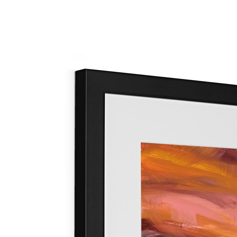 Framed abstract painting with a black frame on a white background