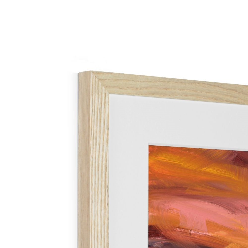 Close-up of a wooden picture frame with a colorful painting inside on a white background