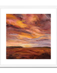 Framed abstract painting of a sunset sky with warm colors.