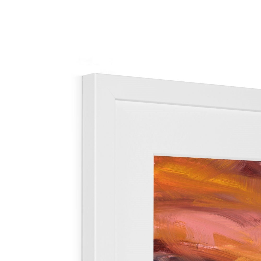 Close-up of a white frame with an abstract painting inside, featuring orange and pink colors.