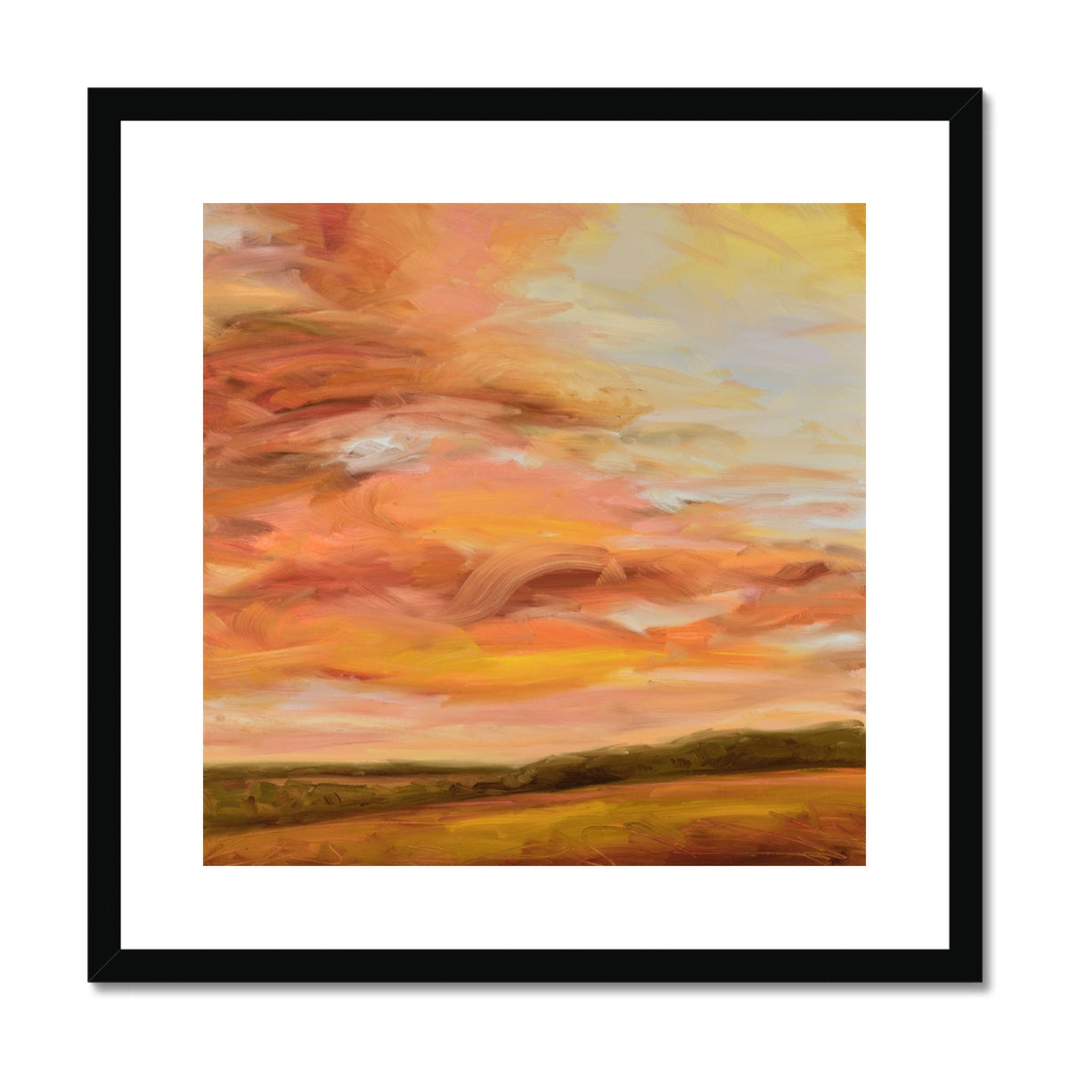 Framed abstract painting with warm colors on a white background