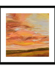Framed abstract painting with warm colors on a white background