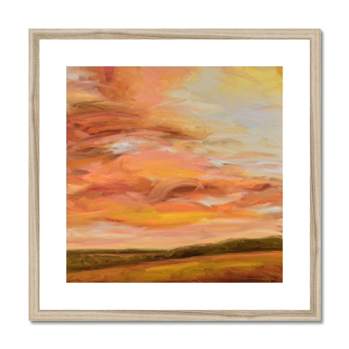 Framed abstract painting with warm colors on a white background