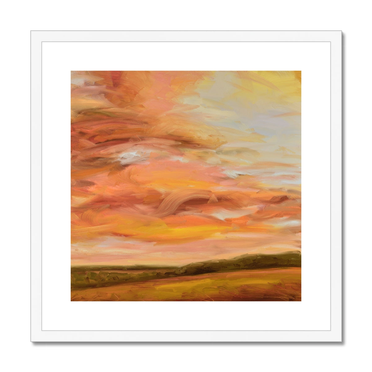 Framed abstract painting with warm colors on a white background