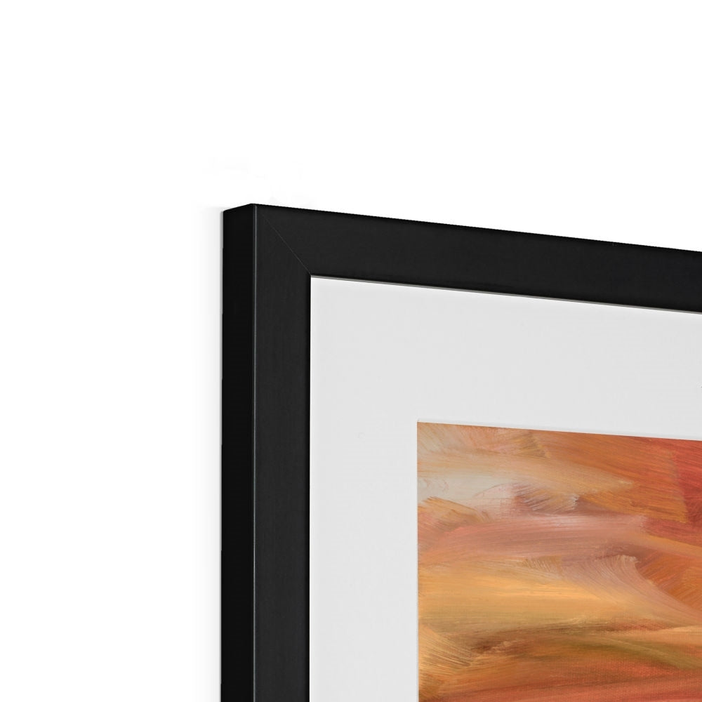 Framed abstract painting with a black frame on a white background