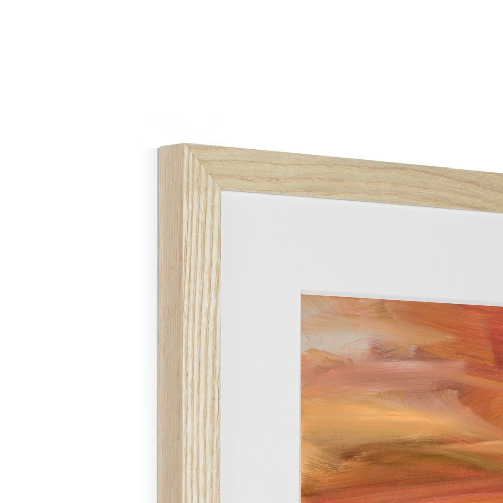 Close-up of a wooden picture frame with a colorful painting inside on a white background