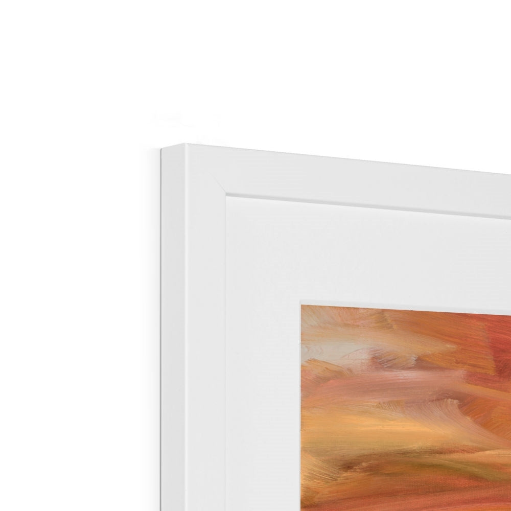 Close-up of a white frame with an abstract painting inside, showing a gradient of colors.