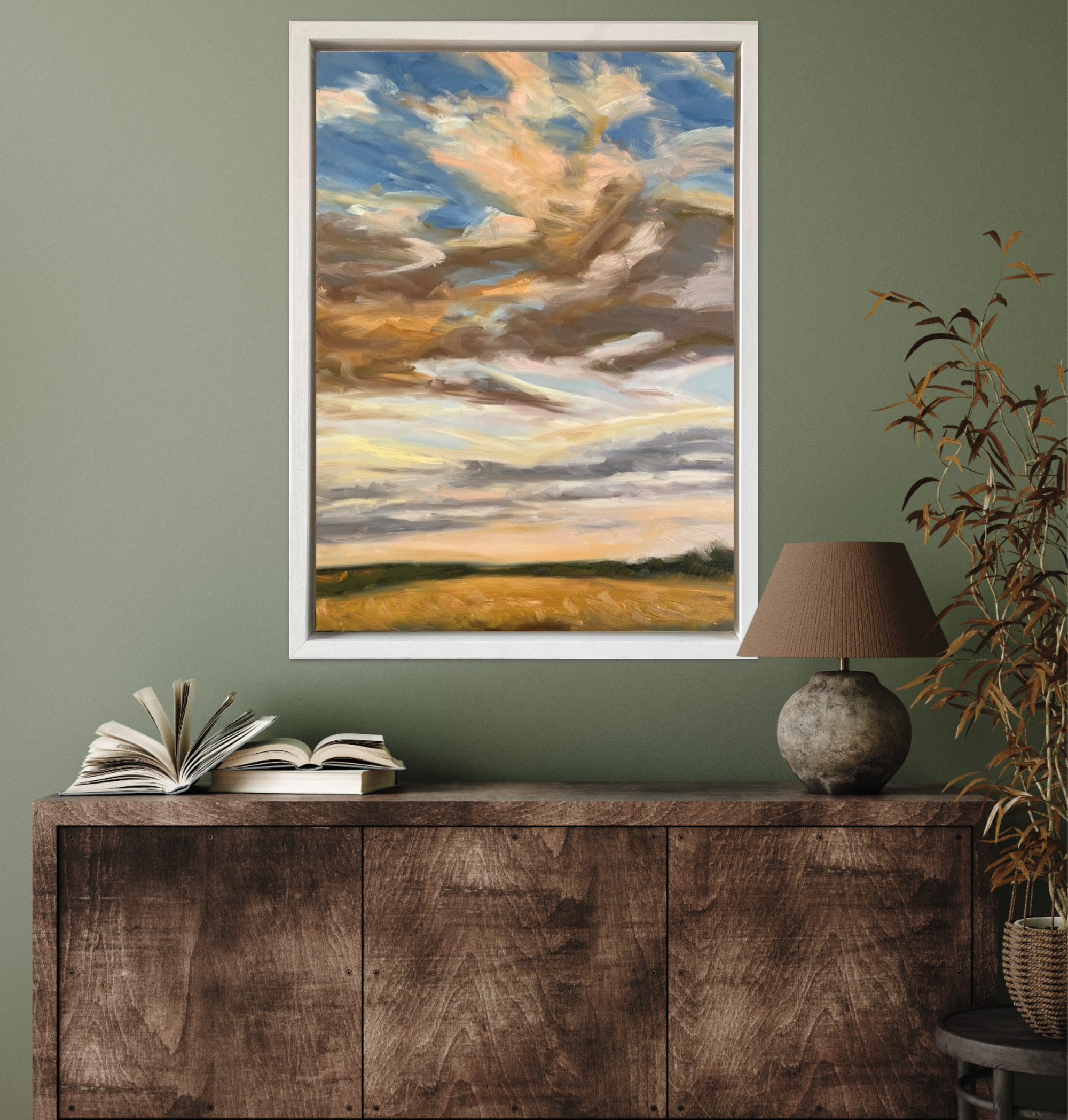 Golden Original Oil Landcape Painting In Room Setting 2
