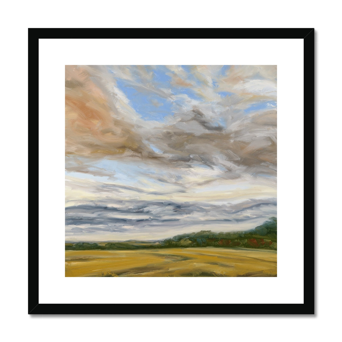 Framed painting of a landscape with a sky filled with clouds and a field at the bottom.