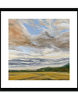 Framed painting of a landscape with a sky filled with clouds and a field at the bottom.