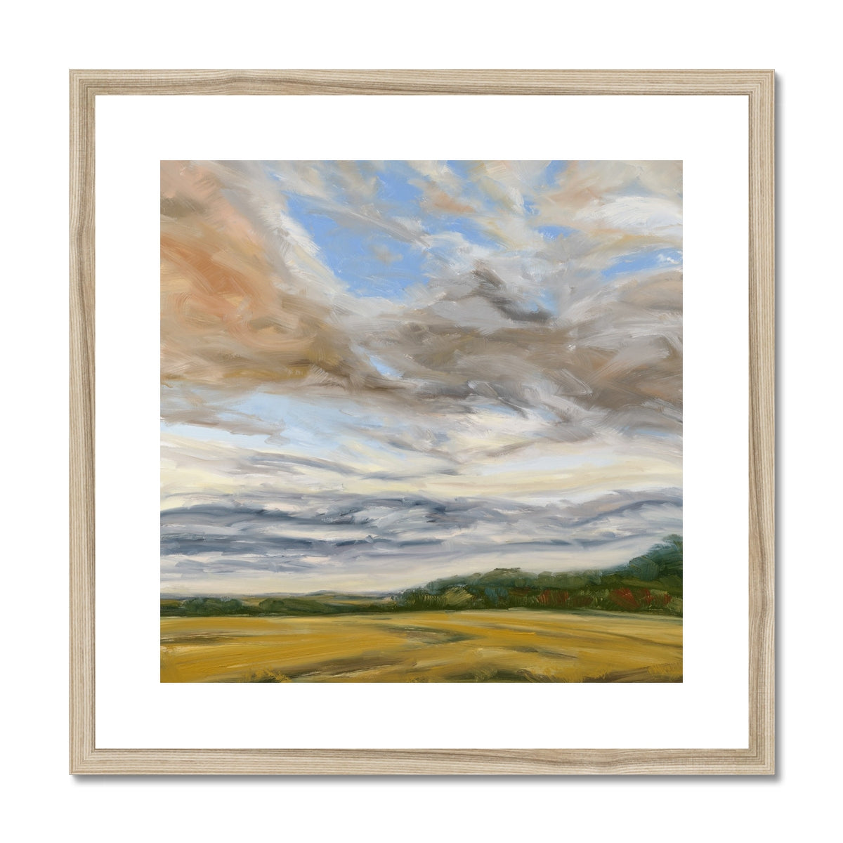 Framed painting of a landscape with a sky and field.