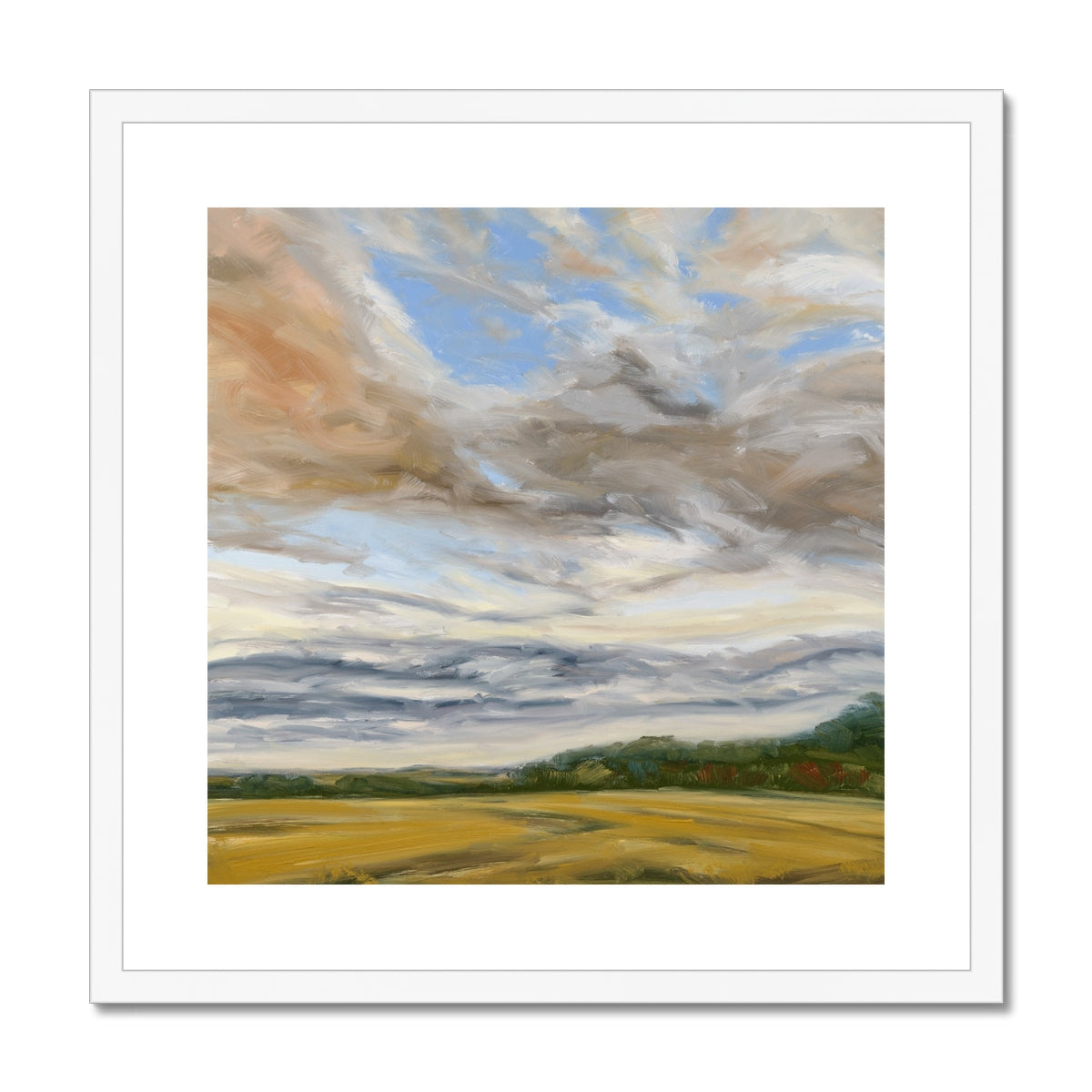 Framed painting of a landscape with a field and cloudy sky.