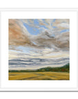 Framed painting of a landscape with a field and cloudy sky.