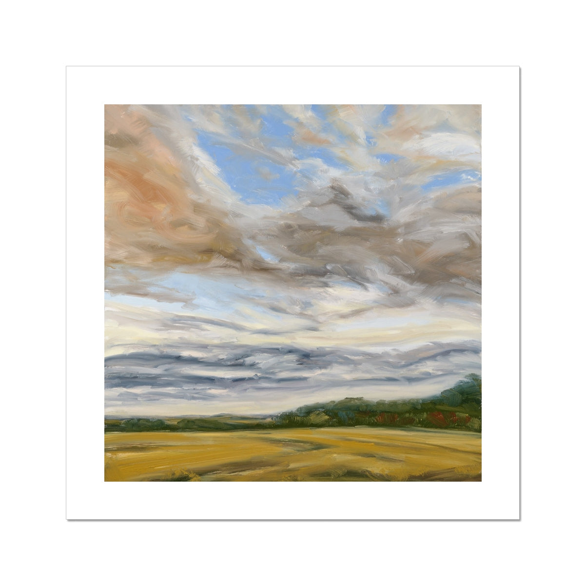 Painting of a landscape with a large sky filled with clouds and a field below.