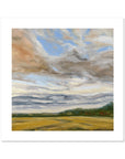Painting of a landscape with a large sky filled with clouds and a field below.