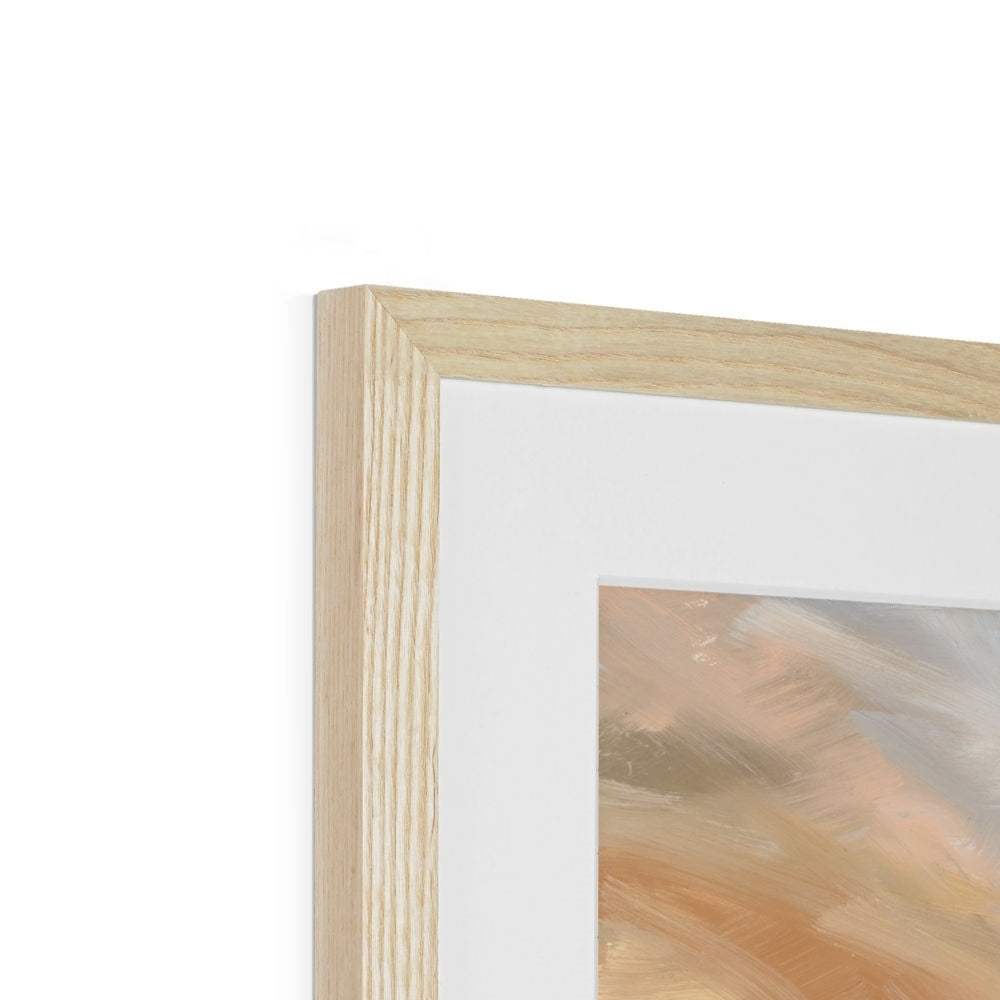 Close-up of a wooden picture frame with a blurred artwork inside on a white background