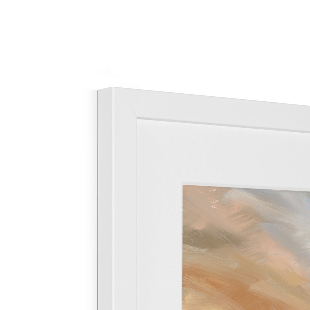 Close-up of a white picture frame with a blurred artwork inside on a white background