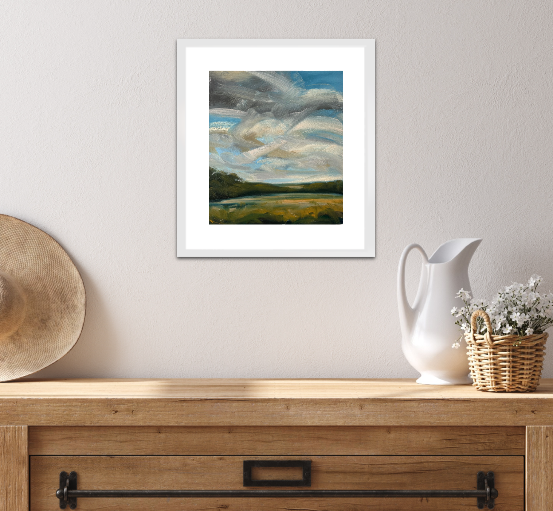 In The Flow Original Oil On Paper Landscape Painting In Room Setting 2