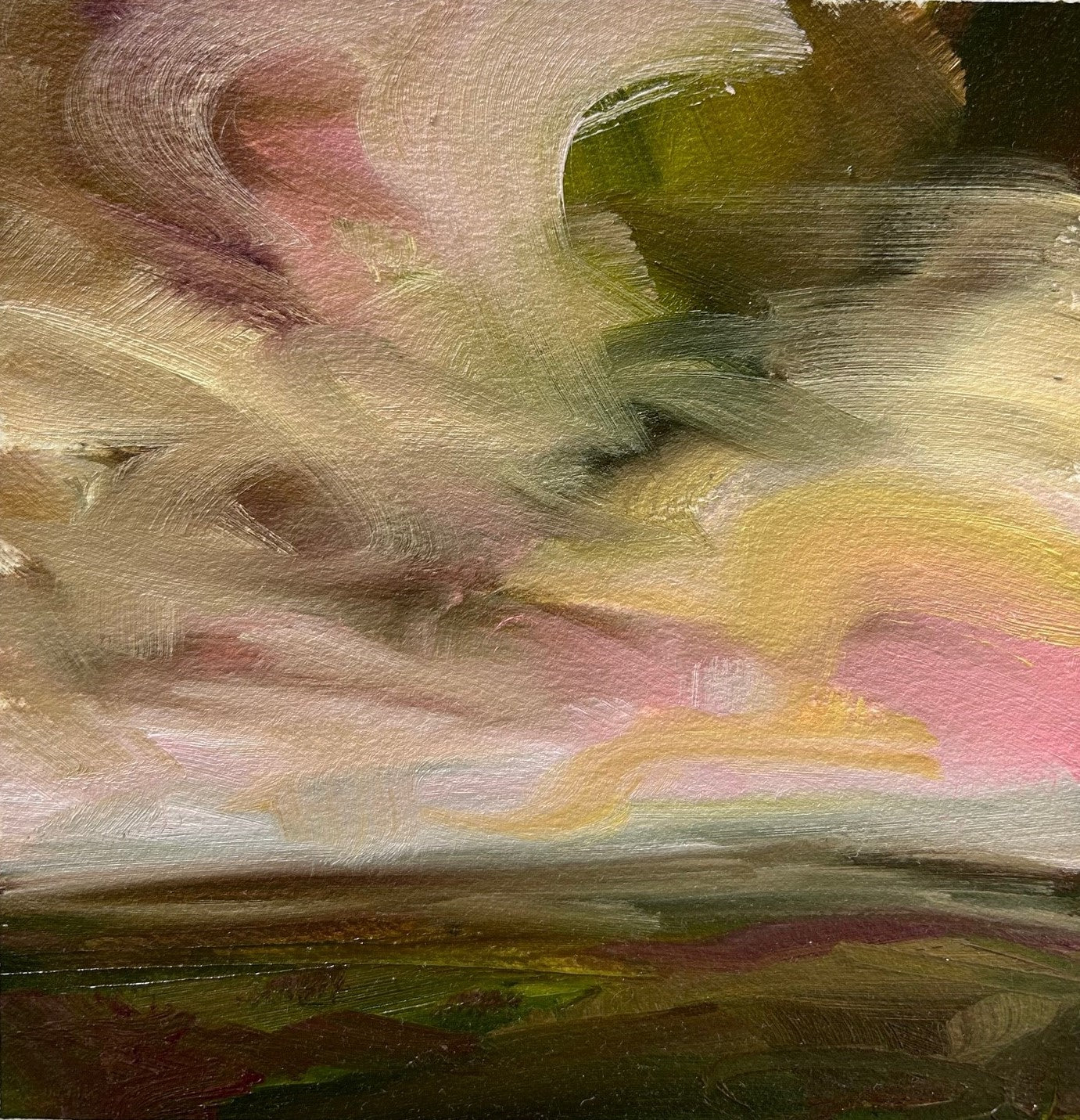 Pink & Green Original Oil On Paper Landscape Painting