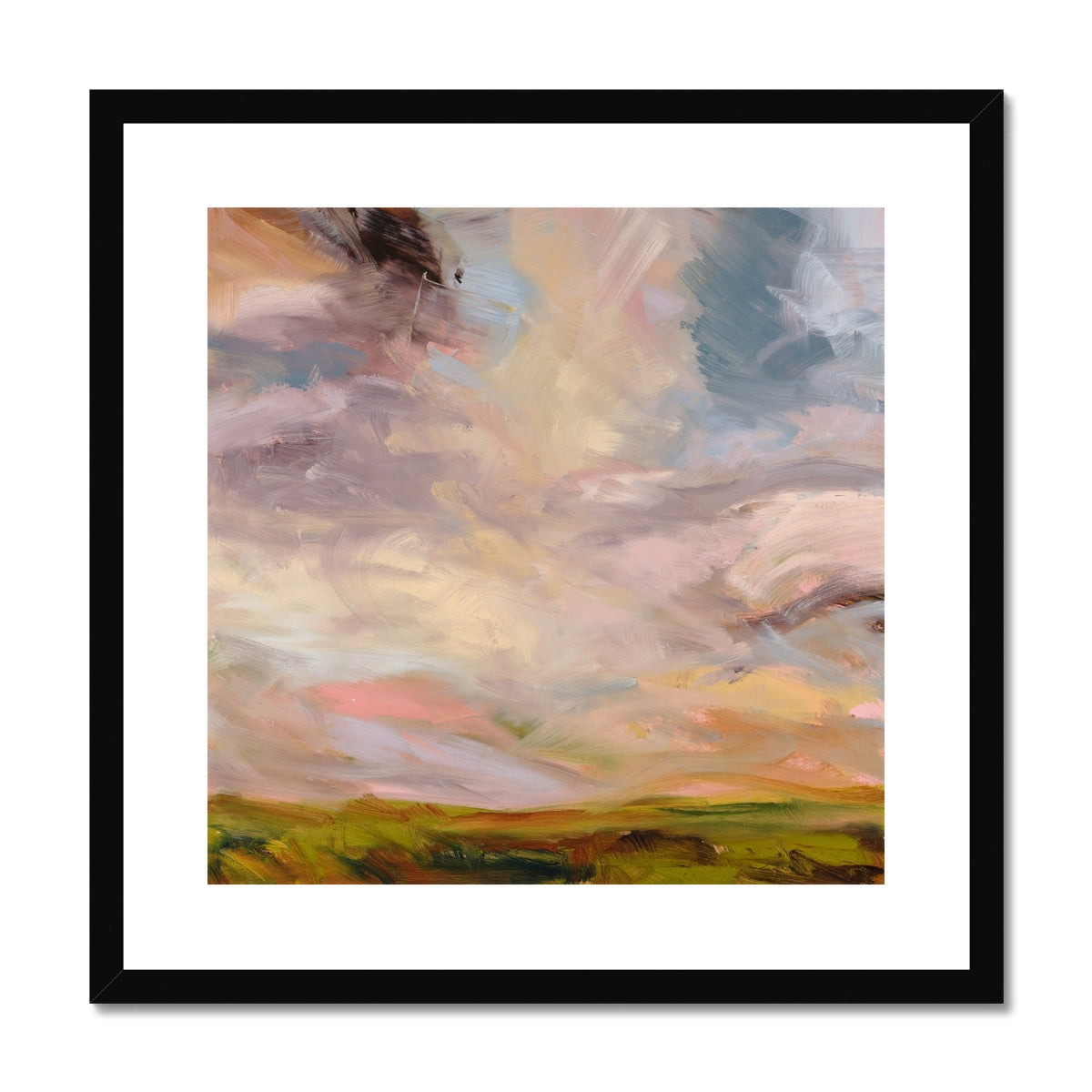 Framed abstract painting with soft pastel colors on a white background