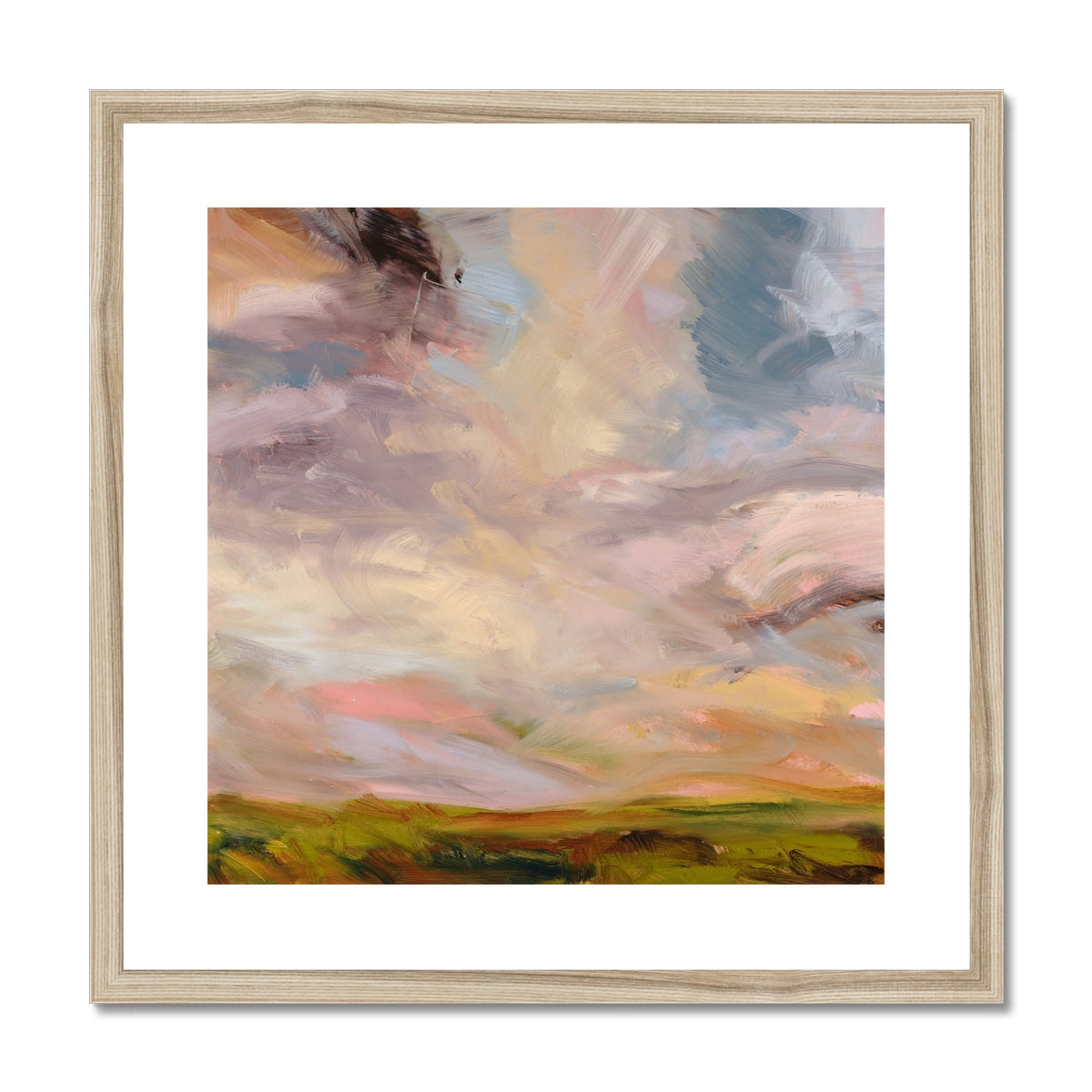 Framed abstract painting with soft pastel colors on a white background