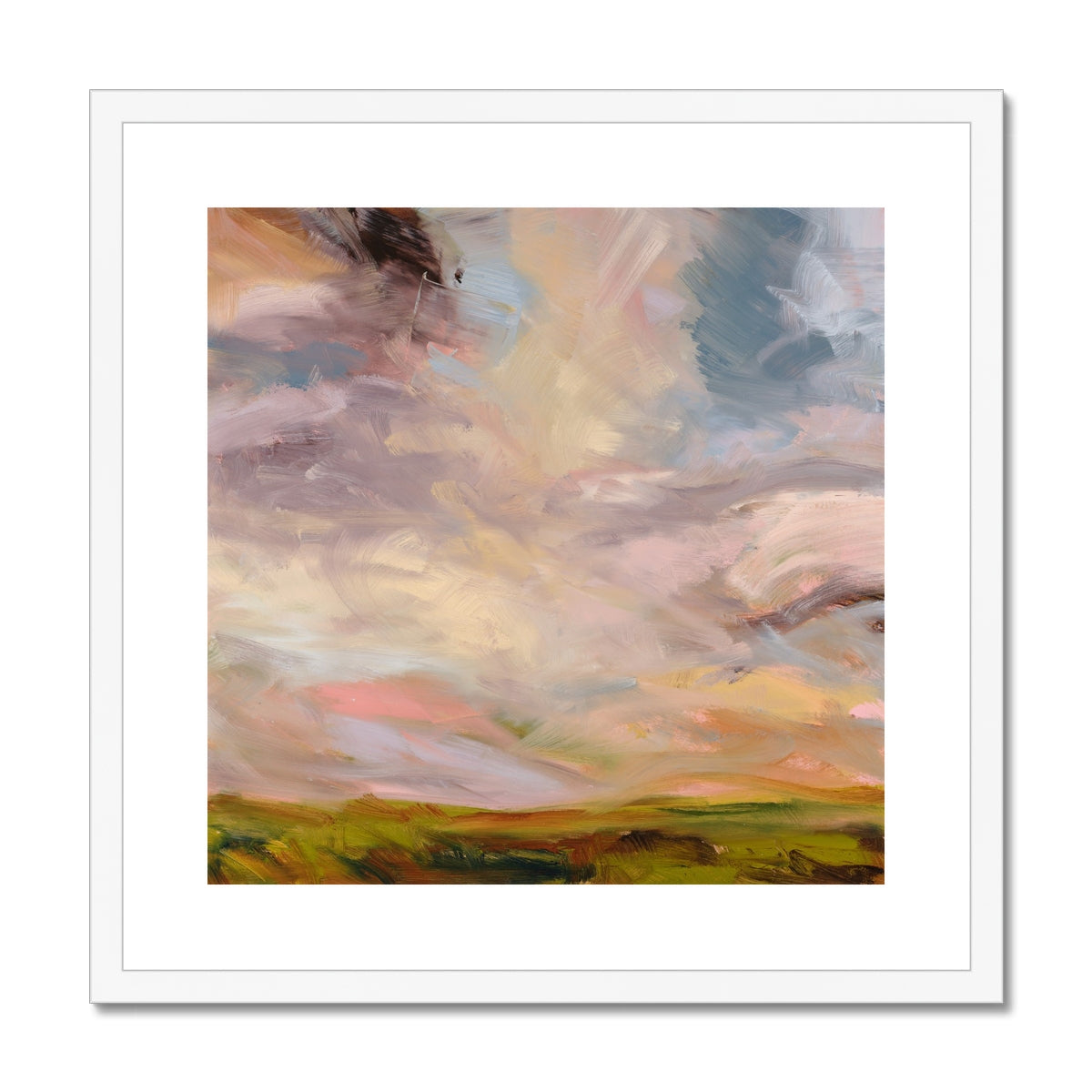 Framed abstract painting with soft, pastel colors on a white background