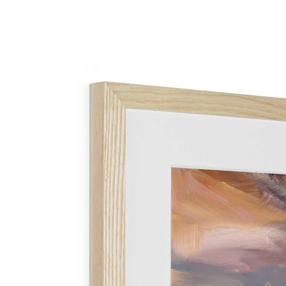 Close-up of a wooden picture frame with a painting inside on a white background