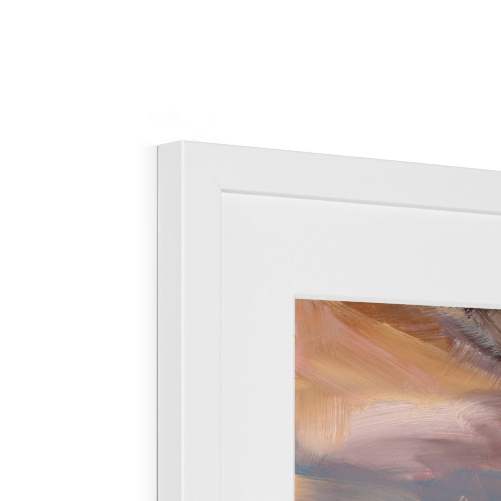 Close-up of a white picture frame with a painting inside, showing brush strokes in brown and beige.