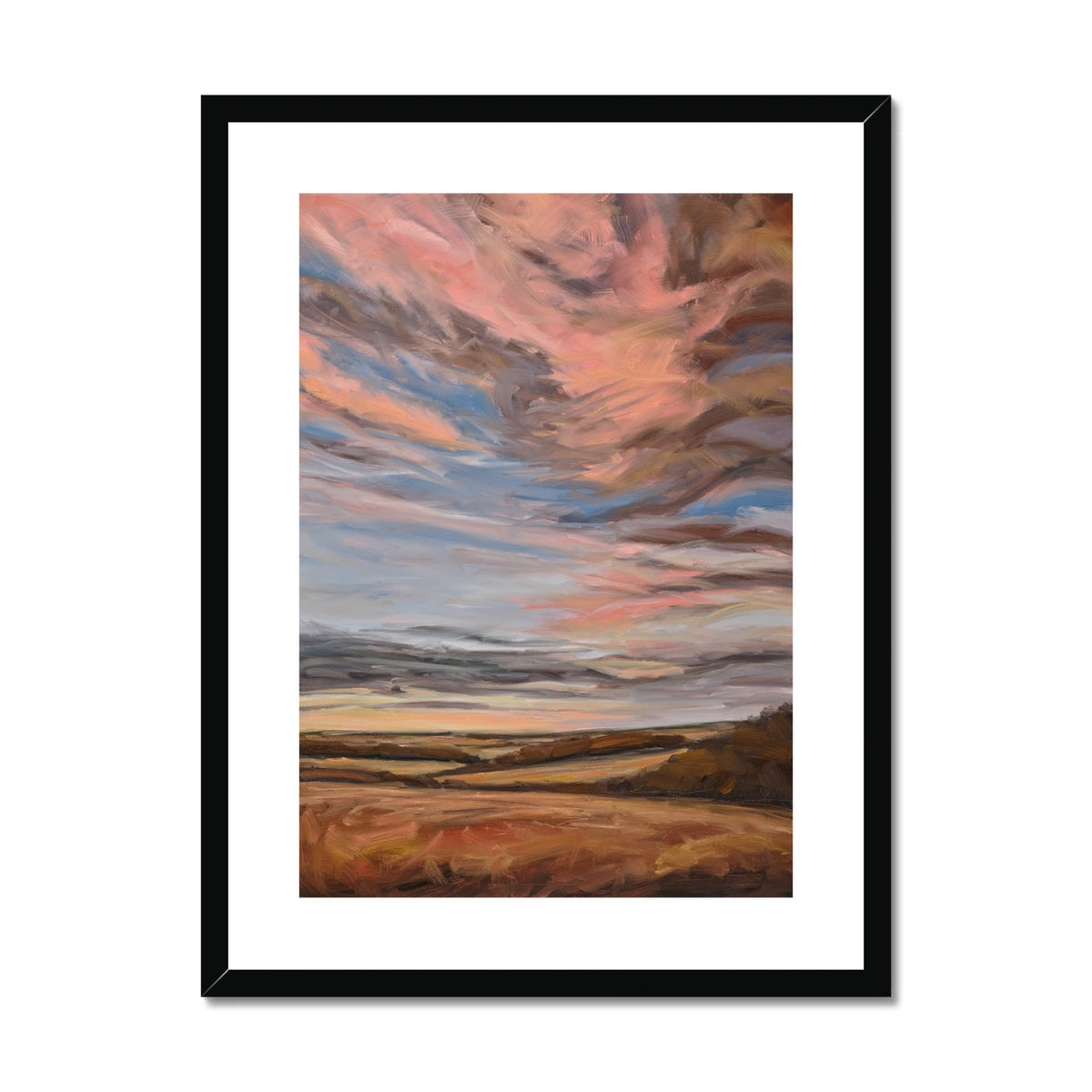 Framed abstract landscape painting with warm colors on a white background