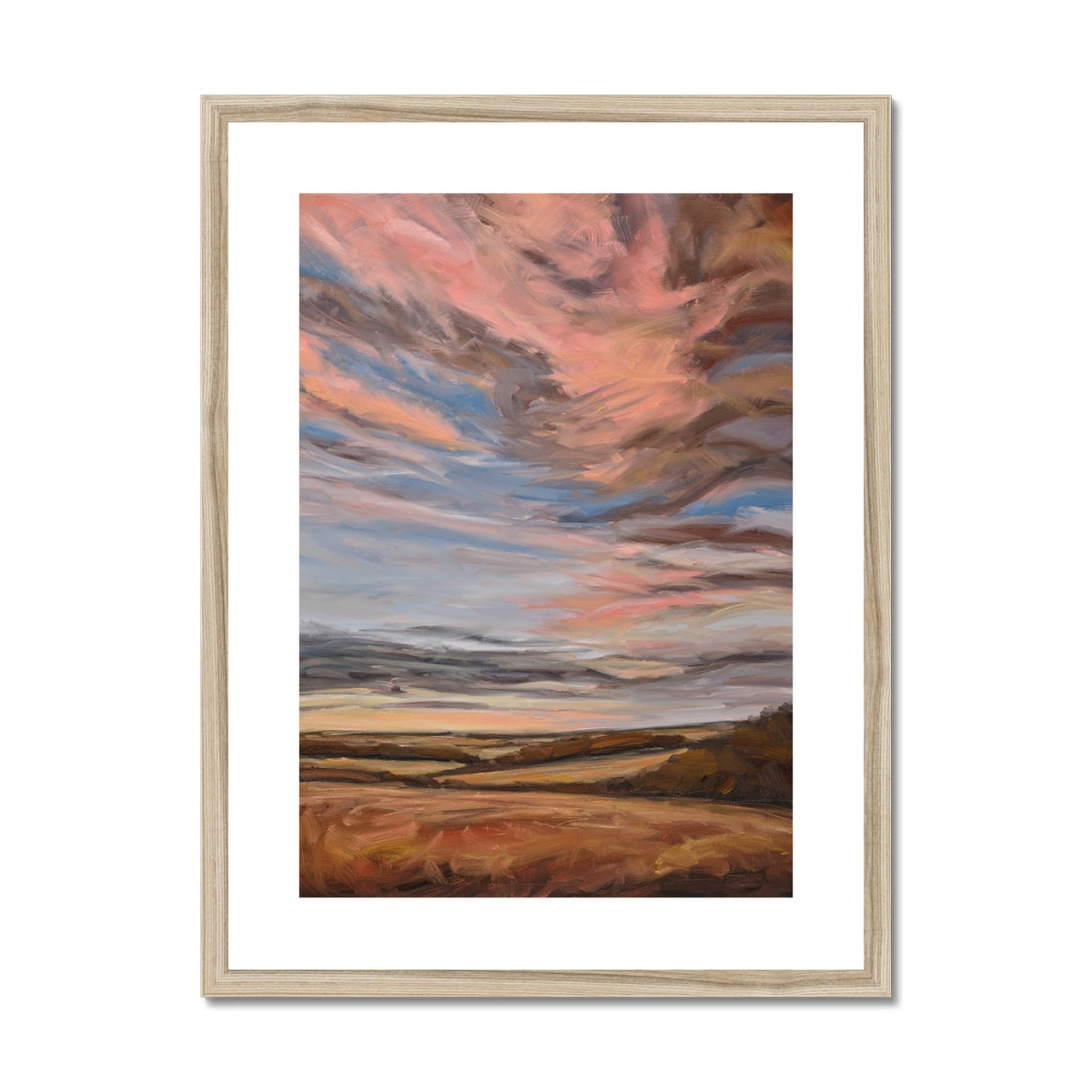 Framed abstract landscape painting with warm colors on a white background