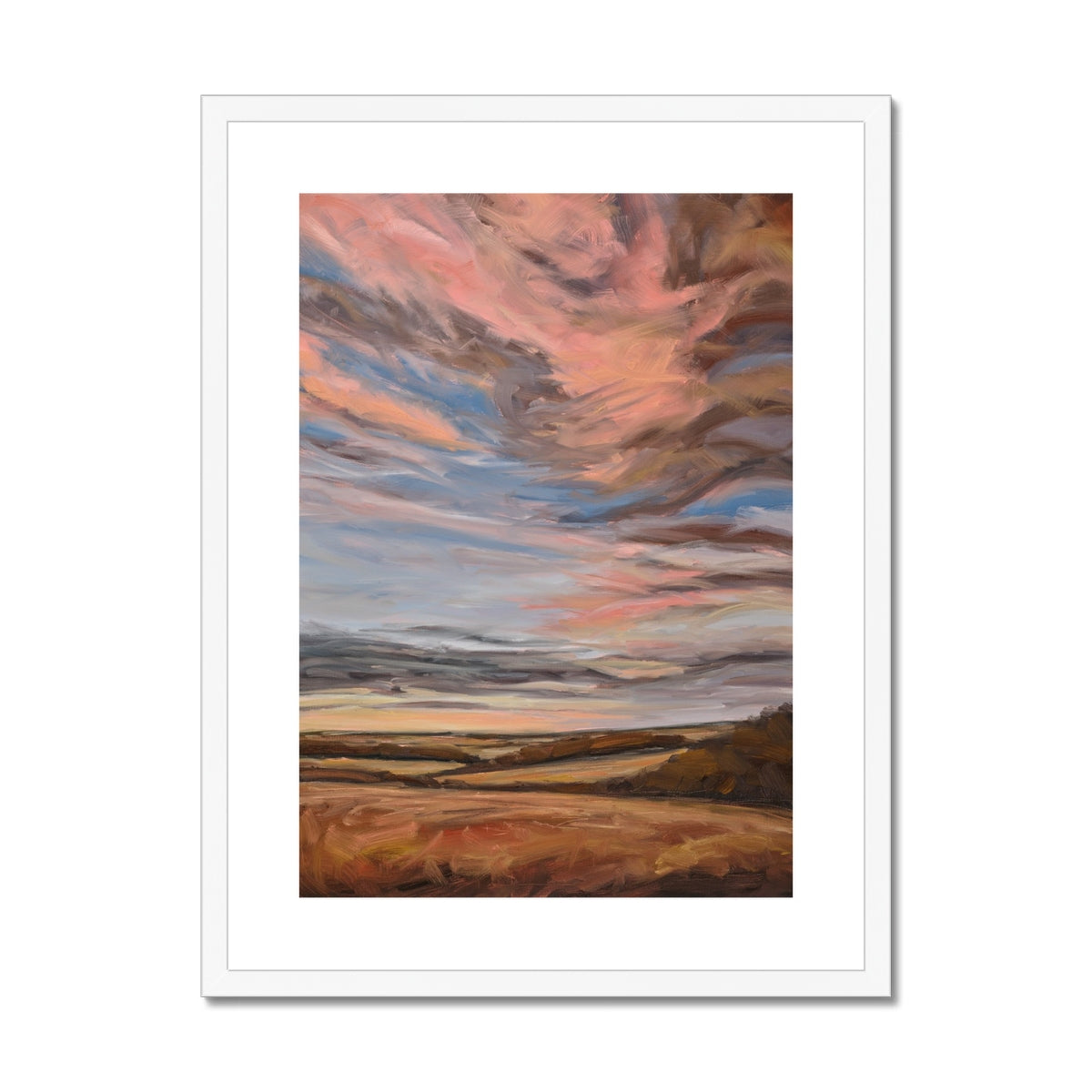 Framed abstract landscape painting with warm colors on a white background