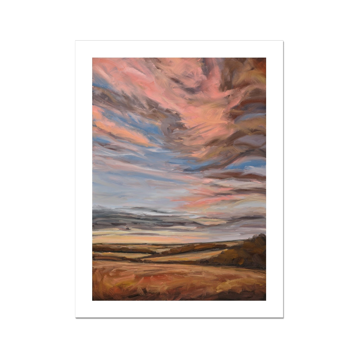 Painting of a landscape with a colorful sky