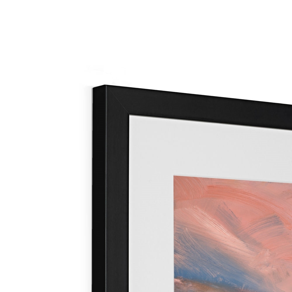 Framed abstract artwork with a black frame on a white background