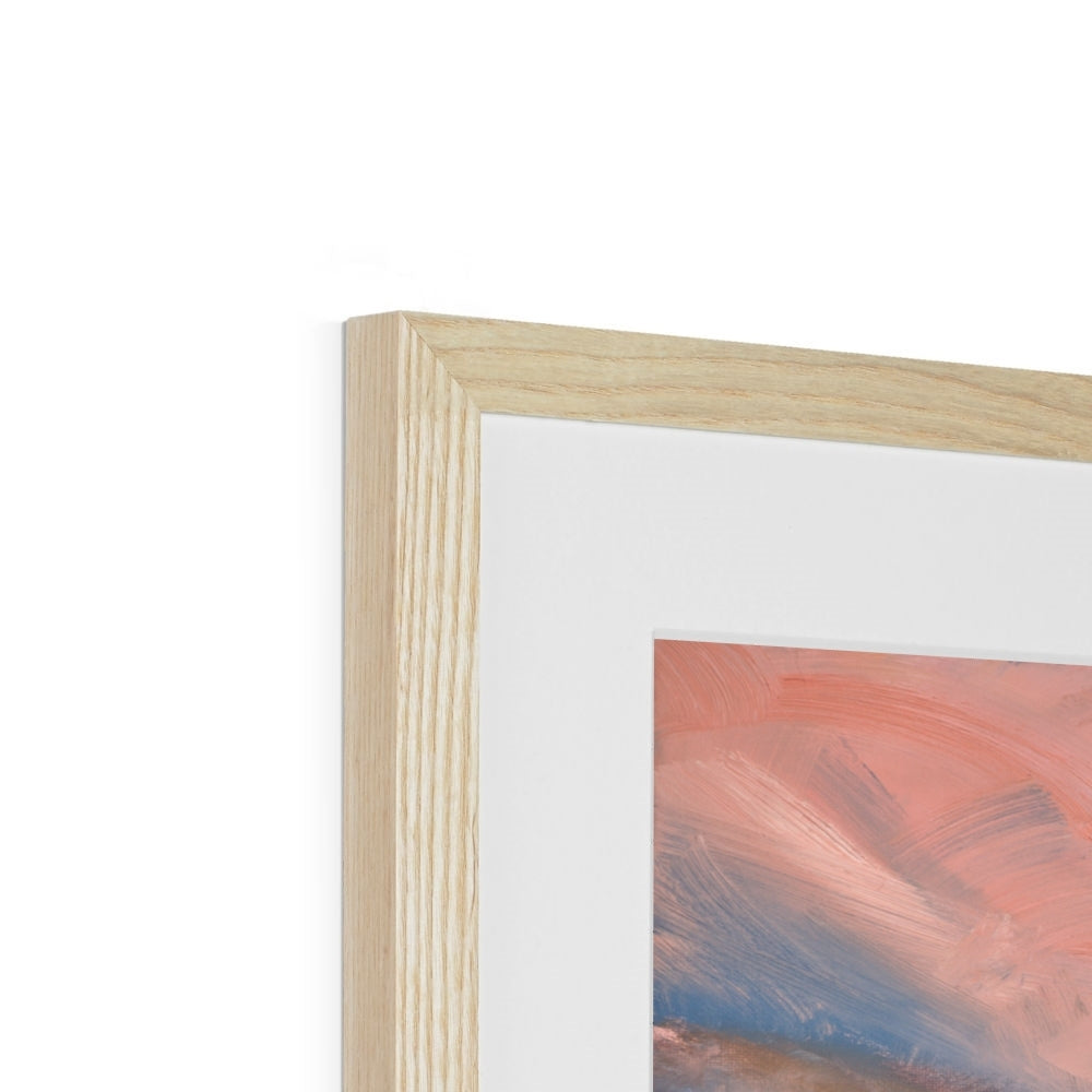 Close-up of a wooden picture frame with a painting inside on a white background