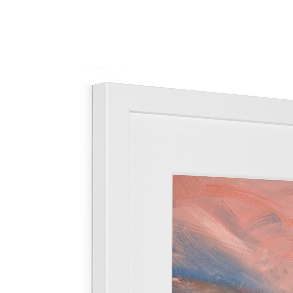 Close-up of a white frame with an abstract painting inside on a white background
