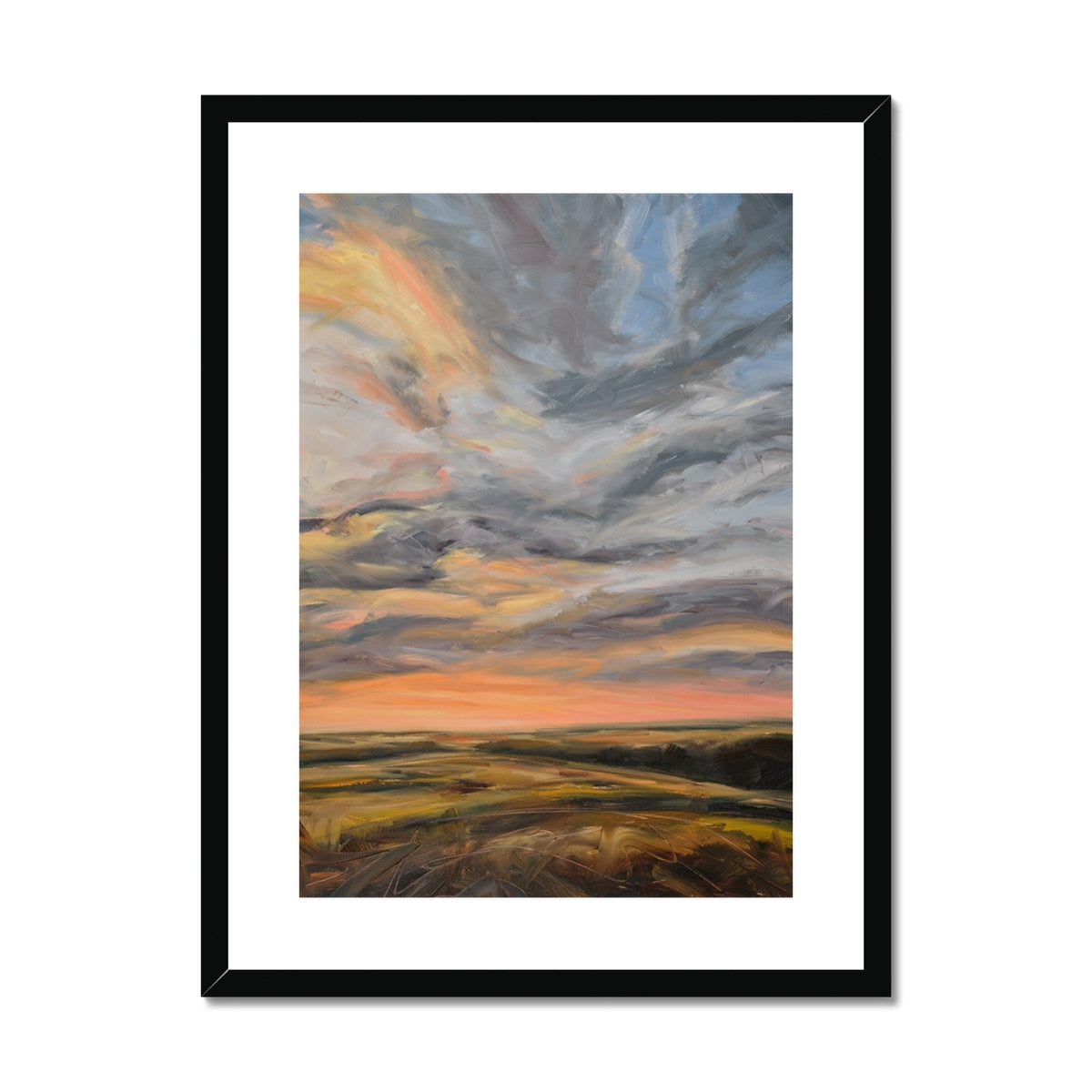 Framed abstract painting of a sunset with warm colors on a white background