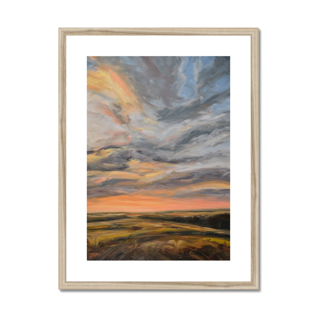 Framed painting of a sunset with swirling clouds and landscape.