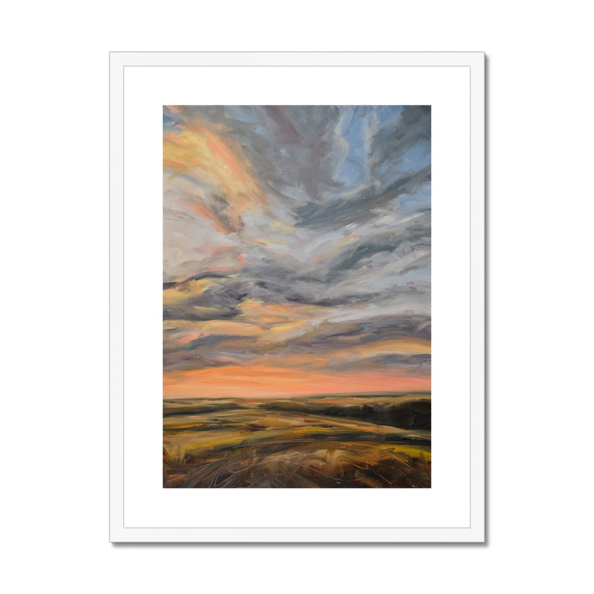 Framed artwork of a sunset with swirling clouds in a white frame.